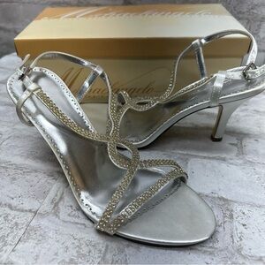 MICHAELANGELO taryn‎ dyeable rhinestone silver sandal heels women’s size 9 NWT